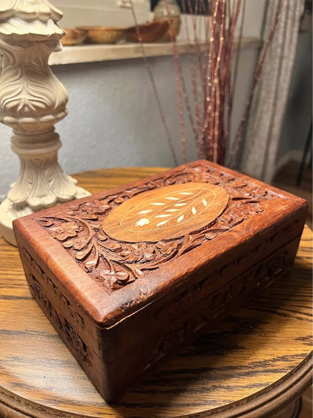 Hand Carved Wooden Jewelry Box with Mother of Pearl Inlay